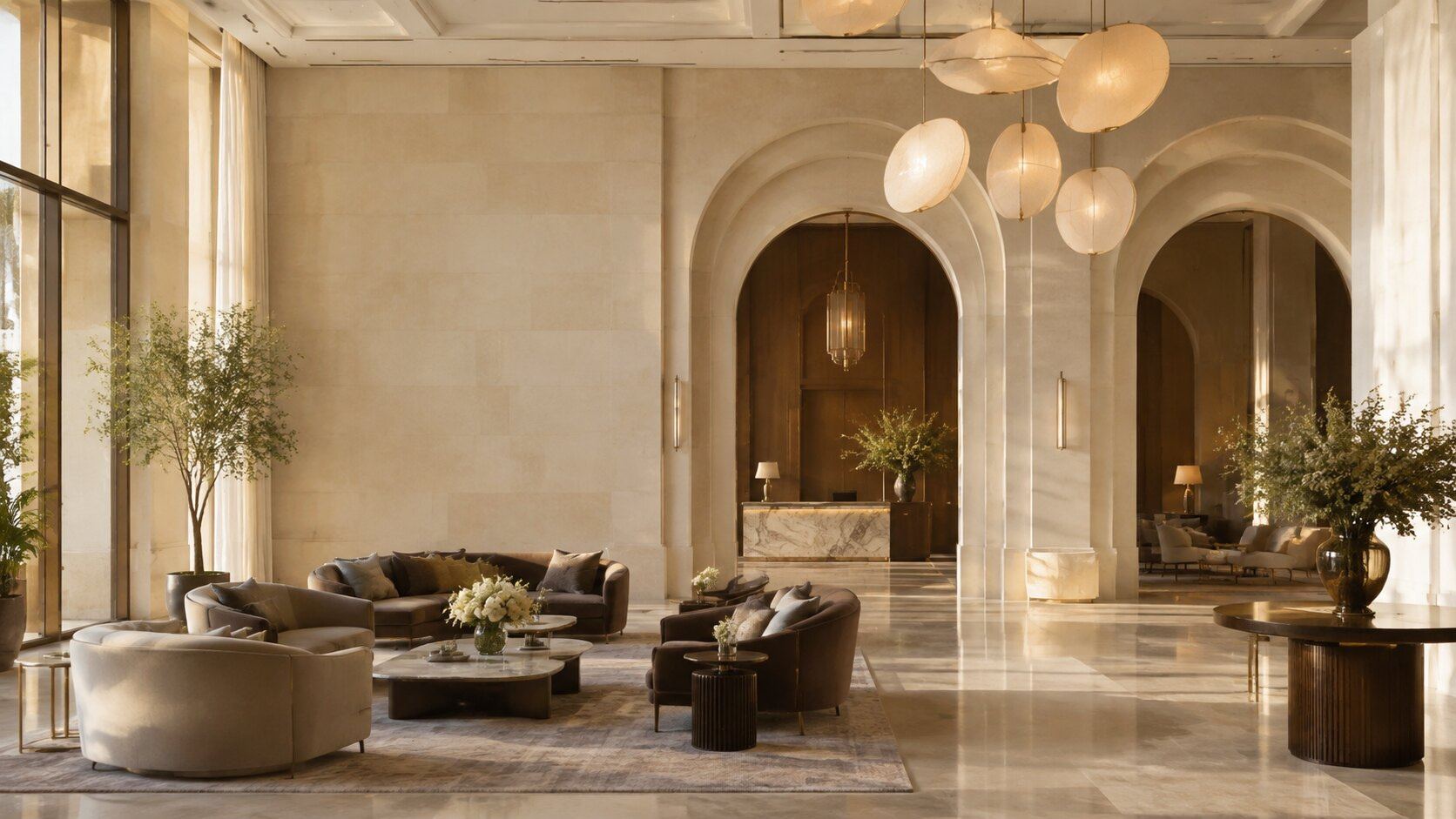 Arched hotel lobby with pendant lighting and lounge seating