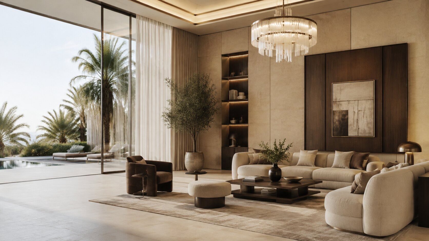 Residential living room with curved sofa and chandelier