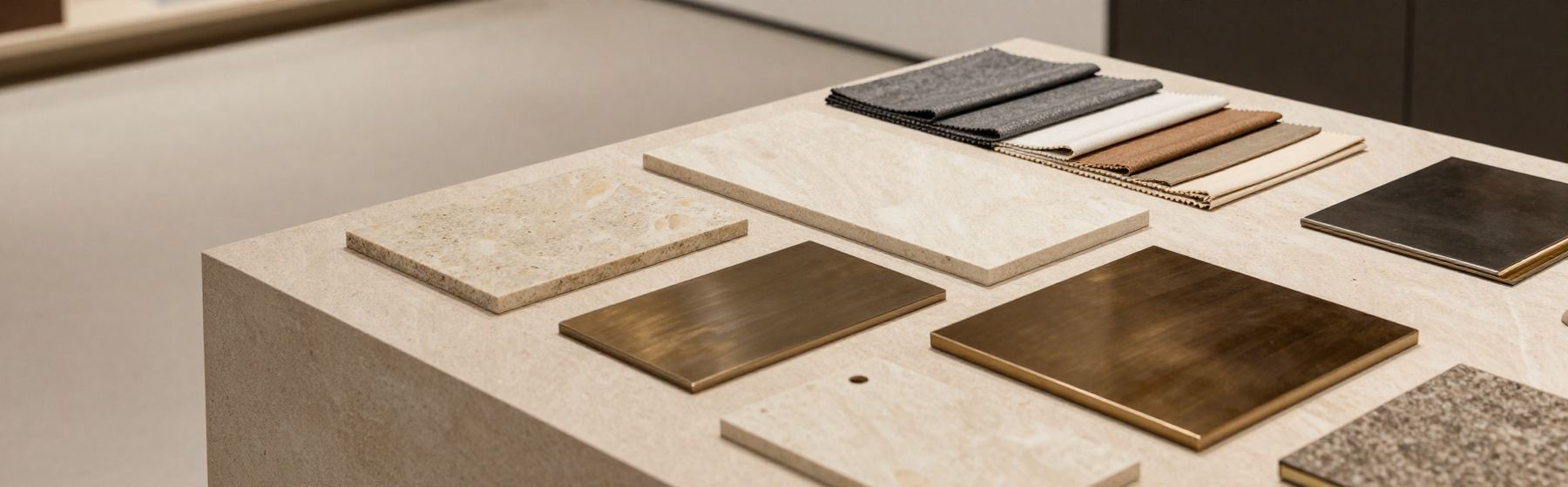 Stone and bronze samples on a marble counter