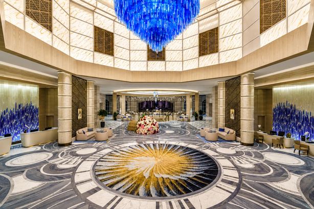 Rixos Marina lobby with blue glass chandelier