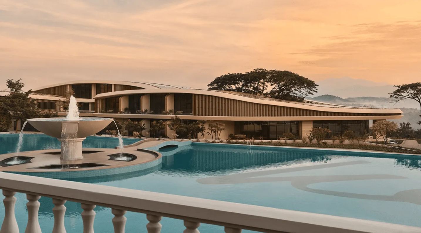 Wellness resort pool terrace at dusk
