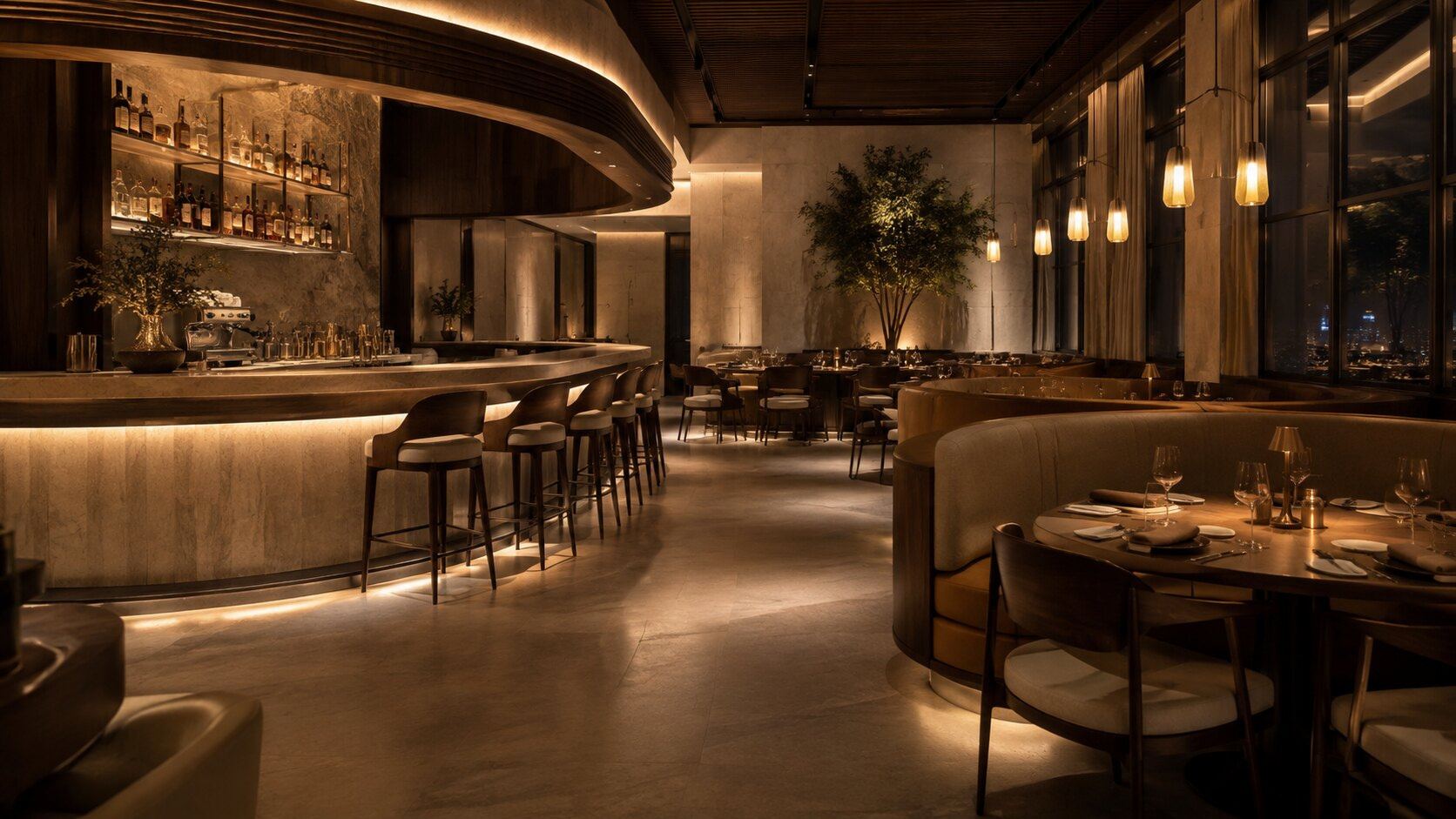 Warmly lit restaurant and bar interior