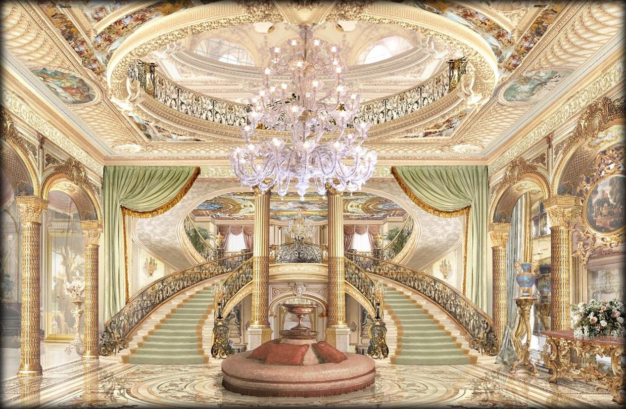 Grand residential hall with double staircase and chandelier