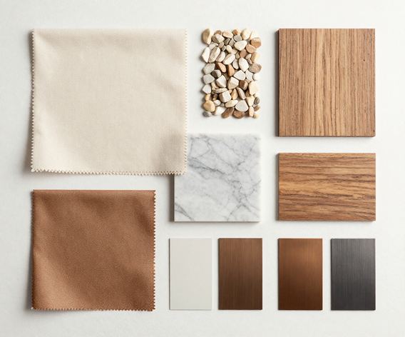 Fabric, marble and timber swatches